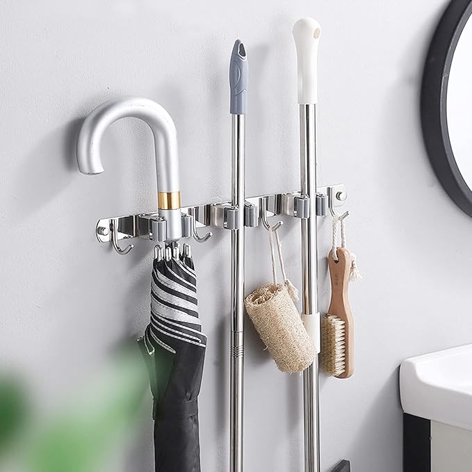 Broom Mop Holder Wall Mount Cleaning Tool holder, Heavy Duty Stainless Steel - Image 2