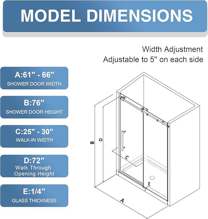 KPUY Frameless Shower Door, 61-66" W x 76" H Sliding Glass Shower Door - Image 5