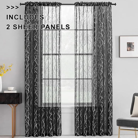 FINECITY Curtains, 2 Pair Black Silver Sheer, 52 x 84 Inch, Rod Pocket - Image 2