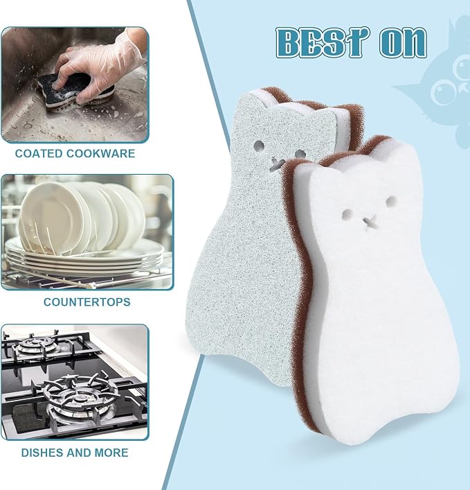 12 Pcs Cat Kitchen Sponges for Dishes Double Sided Cleaning Dish Scrub Sponge - Image 4