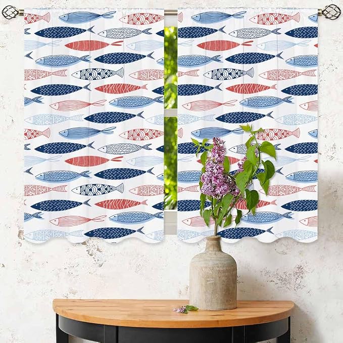 Fish Kitchen Curtains Abstract Colored Fashion Blue Red Pink Striped Wildlife - Image 6
