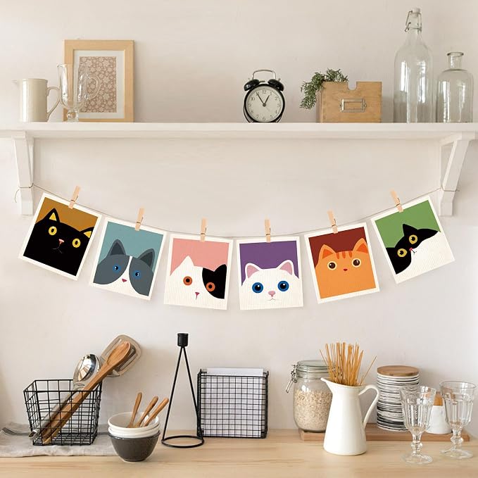 Morigins Cute Cat Swedish Dish Clothes Pack of 6, Absorbent Hand Towels - Image 5