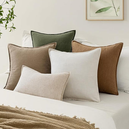 EMEMA Decorative Linen Throw Pillow Covers 18x18 Inch Natural Beige Boho Farmhouse Neutral Couch Throw Pillows for Bed Pack of 2 Accent Pillowcase Modern Sofa Cushion Livingroom Home