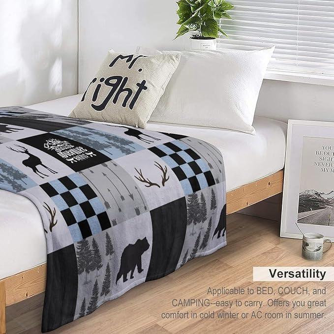 Bear Cabin Plaid Blanket, Rustic Retro Bear Deer Patchwork Gray Blue Farmhouse Throw Blanket for Couch Bed Living Room, 50"x60"