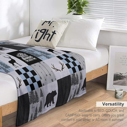Bear Cabin Plaid Blanket, Rustic Retro Bear Deer Patchwork Gray Blue Farmhouse Throw Blanket for Couch Bed Living Room, 50"x60"