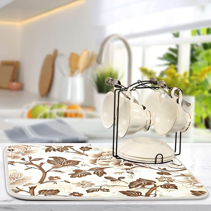 Brown Beige Floral Leaves Dish Drying Mat - Image 5