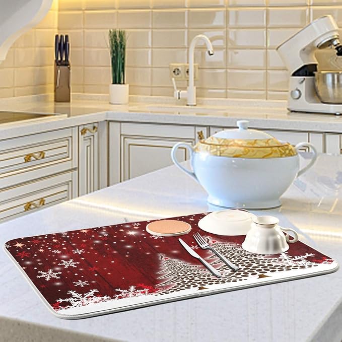 Christmas Tree Dish Drying Mat 18x24 inch Xmas New Year Snowflake Wooden Dish - Image 6