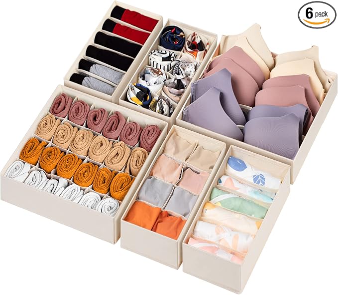 6 Pack Sock Underwear Drawer Organizer Dividers, 58 Cell Foldable Fabric by Criusia