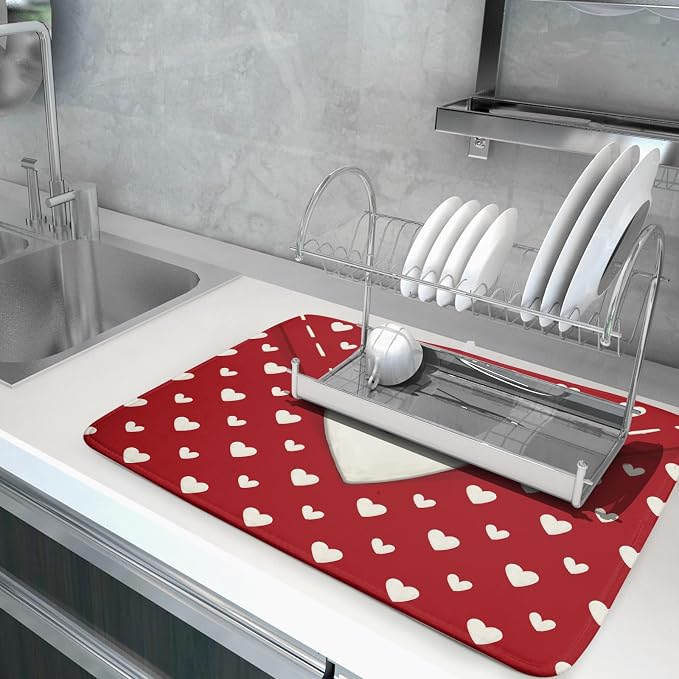 Valentines Day Dish Drying Mat for Kitchen Counter 18x24 Cream Red Love Heart - Image 5