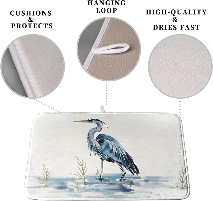 Summer Dish Drying Mat Blue White Heron Beach Absorbent Microfiber Drying Mats - Image 3