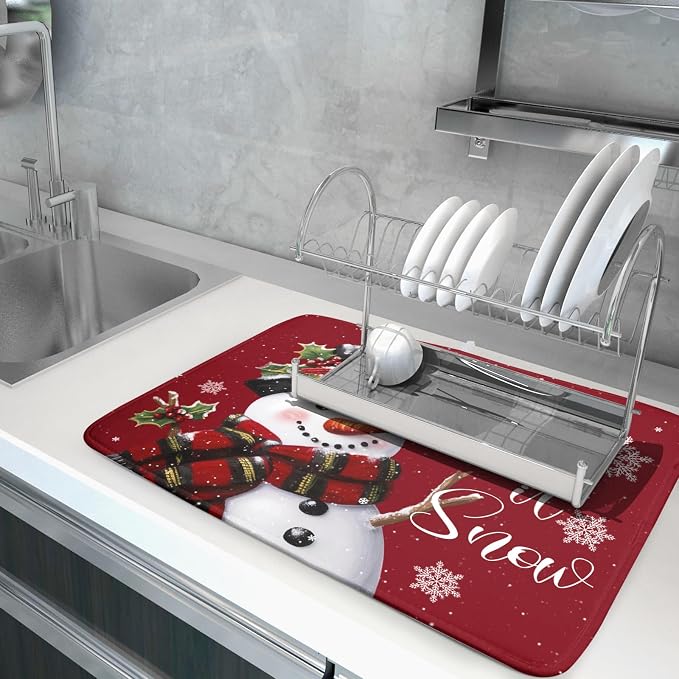 Christmas Dish Drying Mat for Kitchen Counter Snowman Let It Snow Microfiber - Image 5