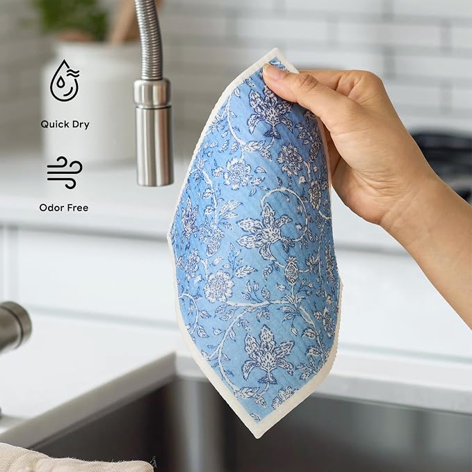 RECYCO Swedish Dishcloths for Kitchen | 6 Pack Heritage Florals Blue Washable - Image 6