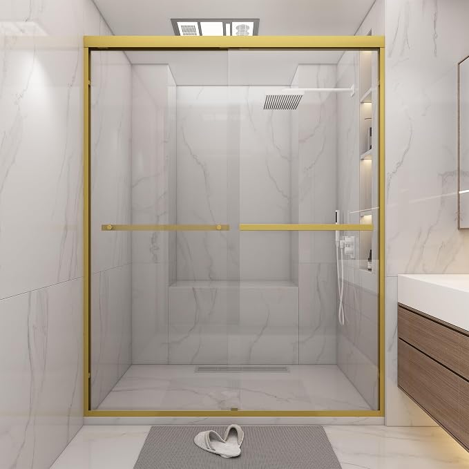 Shower Door 56-60" W * 72" H, Brushed Gold Double Sliding Shower Door by BathlinkBathroom
