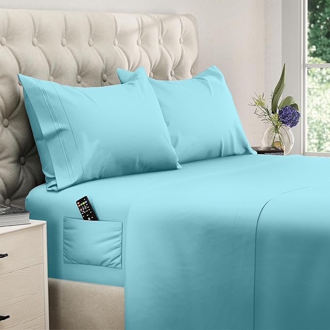 DREAMCARE Full Size Sheets Set - 4 Pcs Cooling Bed Sheets with Up to 15" Deep Pockets - Soft, Long-Lasting 100% Brushed Polyester with Side Pocket (Spa Blue)