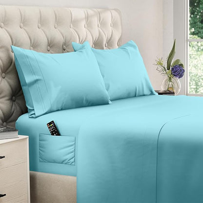 DREAMCARE Full Size Sheets Set - 4 Pcs Cooling Bed Sheets with Up to 15" Deep Pockets - Soft, Long-Lasting 100% Brushed Polyester with Side Pocket (Spa Blue)
