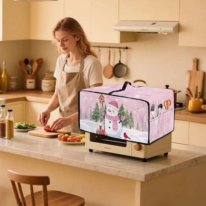 Convection Oven Dustproof Cover with Pockets Washable Toaster Oven Cover Winter Small Appliance Accessories for Kitchen Countertop Christmas Decor, Snowman Cardinal Snowflake Tree Print, L