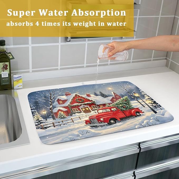 Christmas Dish Drying Mat for Kitchen Counter 18x24 Red Truck Winter Xmas Snow - Image 7