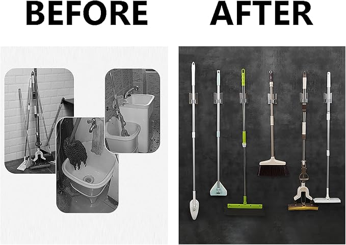 HANZE 4 Pack Mop Broom Holder Racks 304 Stainless Steel Self Adhesive Heavy - Image 3