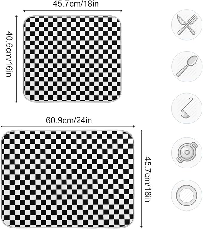 Black White Checkered Pattern Dish Drying Mat - Image 3
