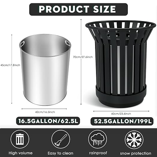 27.6IN Round Large Outdoor Trash Can, Heavy Duty Metal Slatted Garbage Can - Image 2