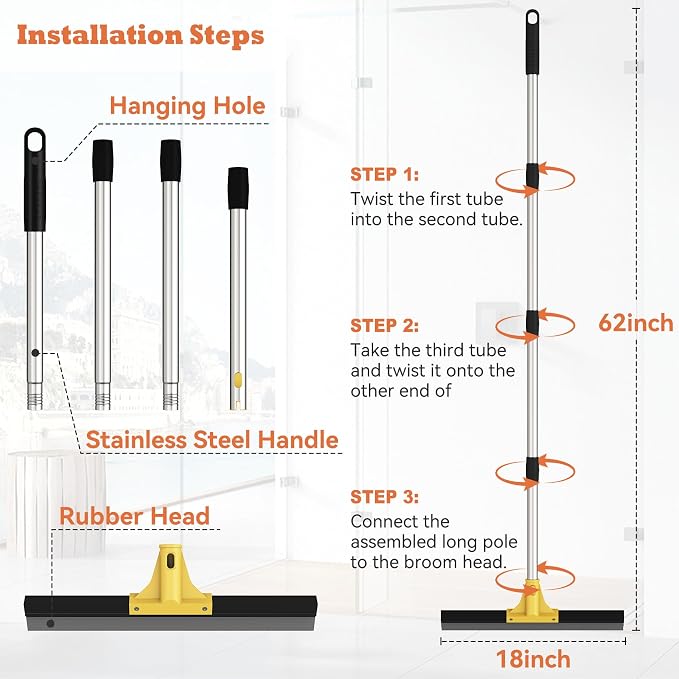 Large Heavy-Duty Floor Squeegee, 18” Rubber Blade Broom & 62” Long Handle Floor - Image 7