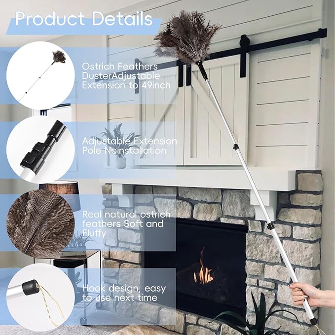 THARAHT Extendable Ostrich Feather Duster up to 25-49 inches Fluffy Feathers - Image 3