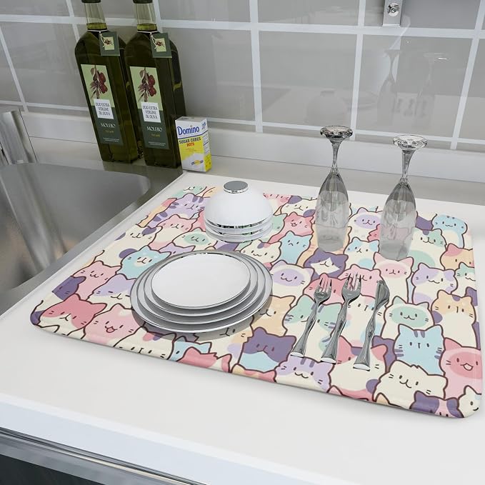 Colorful Cats Dish Drying Mat 18x24 inch Cute Animal Microfiber Reversible Fast - Image 6