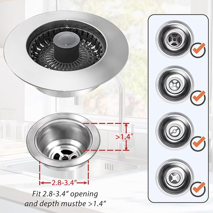 Kitchen Sink Drain Strainer, 3 in 1 Pop Up Kitchen Sink Stopper, - Image 4