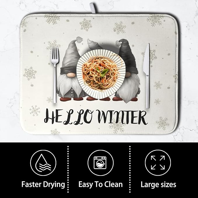 Winter Gnome Dish Drying Mat for Kitchen Counter 16x18 Christmas Snowflakes - Image 4