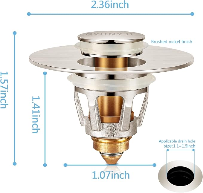 Bathroom Sink Stoppers Brushed Nickel – Pop Up Drain Stopper & Strainer - Image 2