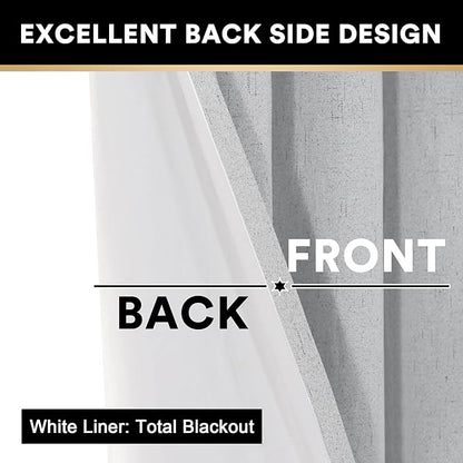 PrinceDeco Linen Texture Curtains Full Blackout Curtains 64 inch Long 2 Panels Set Anti-Rust Grommet Grey Linen Curtains Vertical Drapes Privacy for Bedroom Living Room，42 X 64 Inch, Glacier Grey