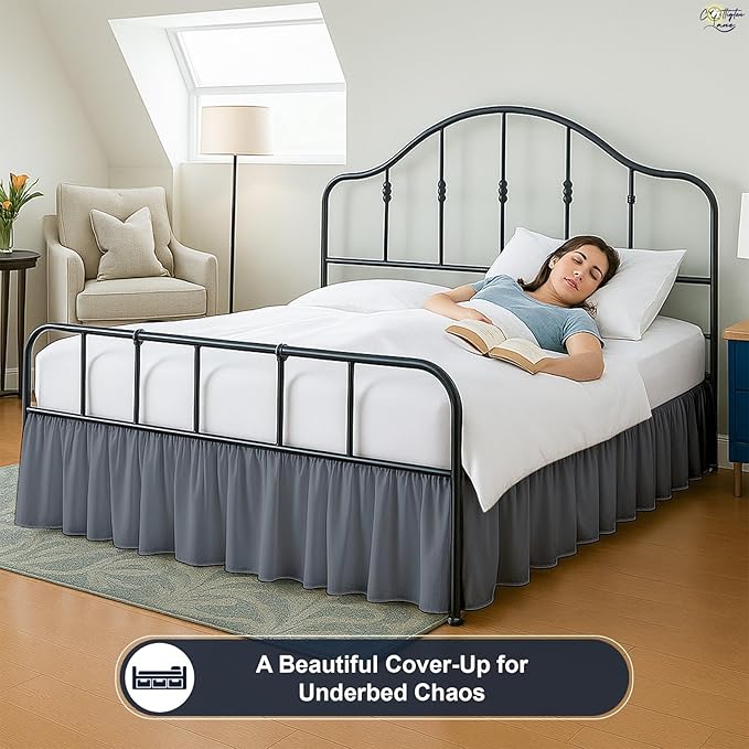 Cottington Lane Ruffled Bed Skirt Twin Size with Split Corner, Brushed Microfiber Hotel Quality Dark Grey Dust Ruffle, 21 Inch Drop Gathered Bedskirt, Soft and Stylish, Shrinkage and Fade Resistant