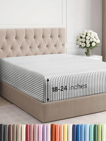 Extra Deep King Fitted Sheet - Hotel Luxury Single Fitted Sheet Only - Easily Fits 18 inch to 24 inch Mattress - Ultra Soft, Wrinkle Free with Extra Deep Pockets - Breathable & Comfy - Grey Stripes