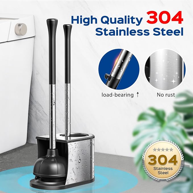 HAMITOR Toilet Plunger and Brush Set: 2 in 1 Stainless Steel Bowl Brush - Image 2
