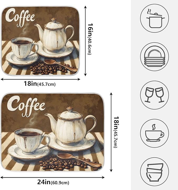 Coffee Themed Dish Drying Mat for Kitchen Counter Absorbent Microfiber Large - Image 2