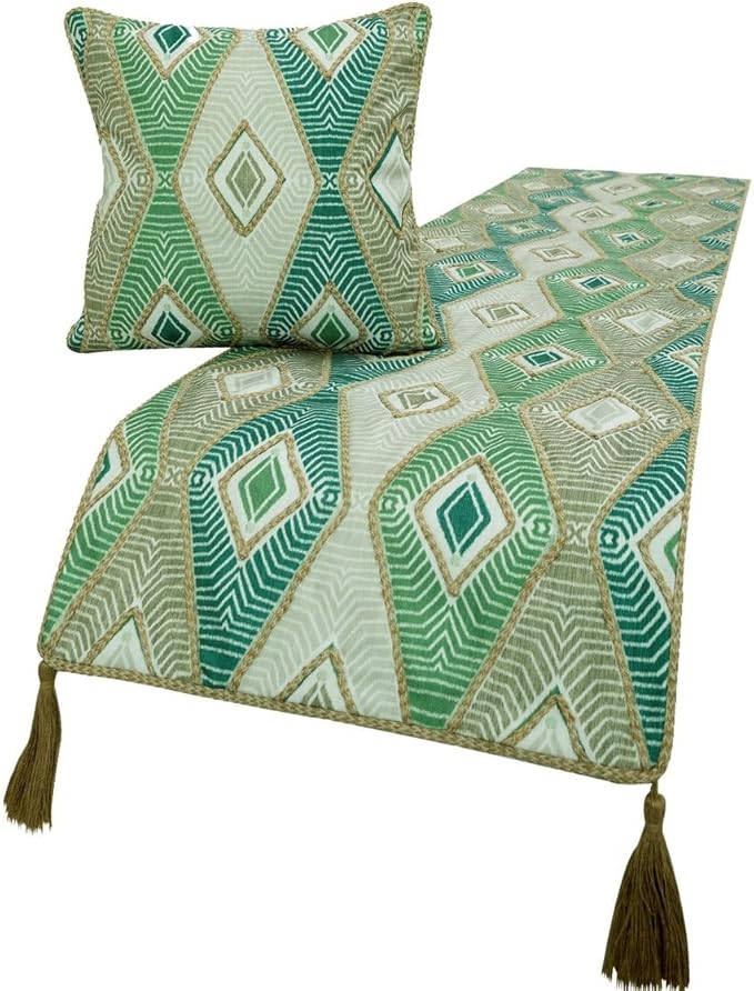 The HomeCentric King/Queen/Twin Green Designer CA King 86"x18" Bed Runner with 2 Pillow Cover, Aztec, Jute Embroidery, Quilted, Tassels, Jute, Moroccan & Tribal Bed Scarf Cotton Fabric - Chantico