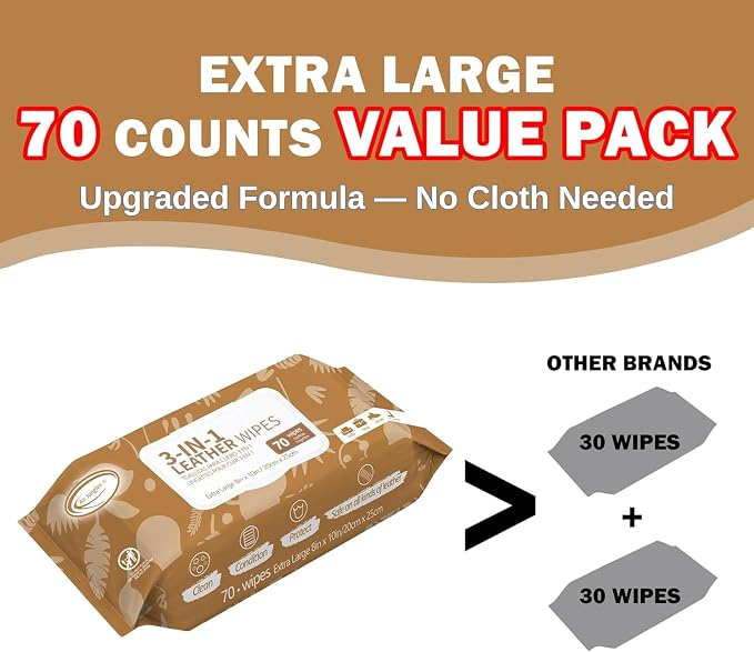Air Jungles 3in1 Leather Cleaner Wipes 70 Count, Extra Large 8" x 10" Size - Image 6