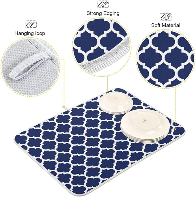 Navy Blue Trellis Lattice Dish Drying Mat - Image 4