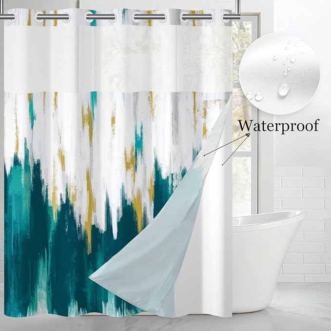 No Hook Shower Curtain with Snap in Liner, Hotel Style Blue White Mix Gold - Image 2