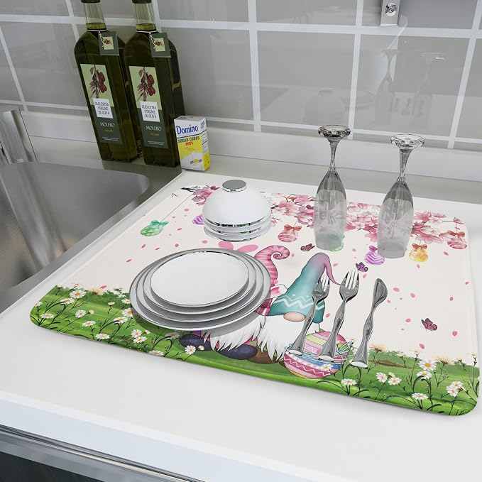 Giwawa Easter Gnome Dish Drying Mat Floral Eggs Bunny Kitchen Drainer Mat 18x24 - Image 6
