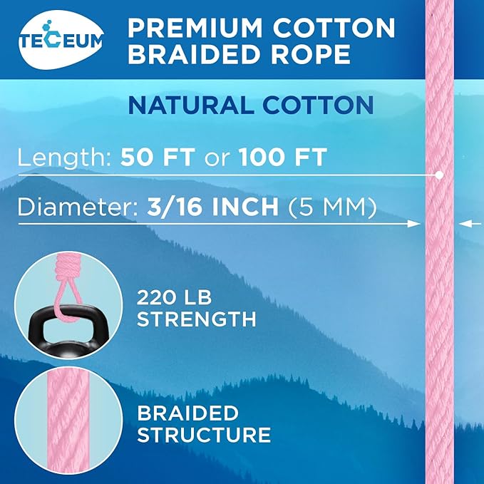 TECEUM Cotton Rope 3/16” – 100 FT – Strong All-Purpose Braided Rope – Natural - Image 2