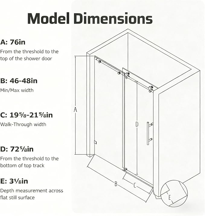 46-48" W x 76" H Frameless Sliding Shower Door, Bathroom Soft-Close Shower - Image 2
