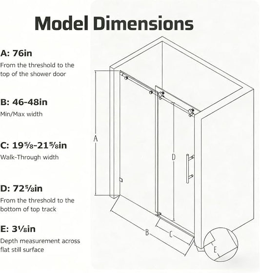 46-48" W x 76" H Frameless Sliding Shower Door, Bathroom Soft-Close Shower - Image 2