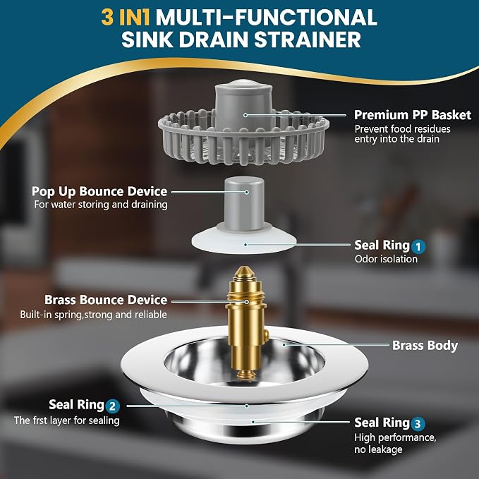 3-in-1 Kitchen Sink Strainer & Stopper, Stainless Steel Finish Pop Up Drain - Image 6