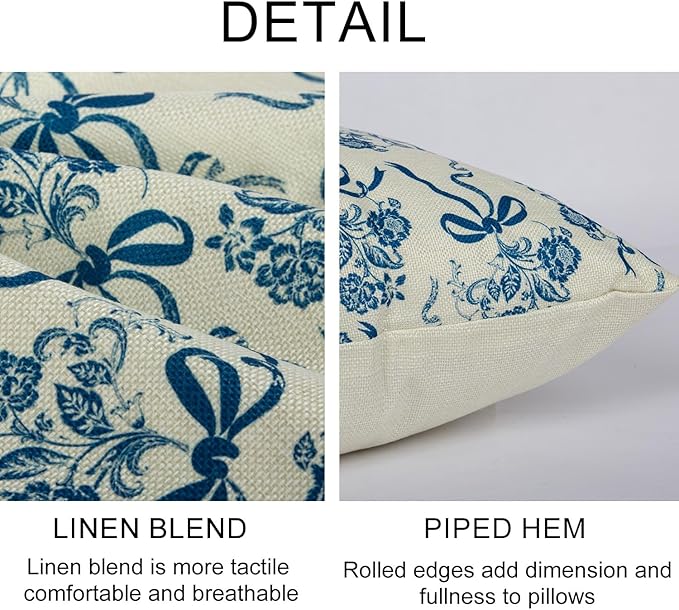 Vintage Blue Flower Pillow Cover 18x 18 Set of 2, Chinoiserie Floral Bow Decorative Linen Pillow Cushion Case,Modern Home Decor for Outdoor Couch Bedroom Car