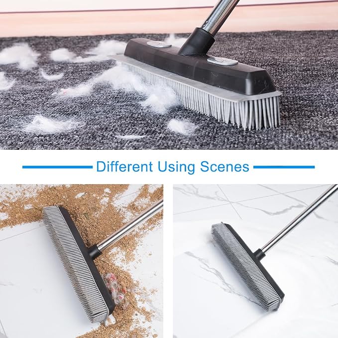 Pet Hair Rubber Broom with Carpet Rake and Squeegee, 2 in 1 Floor Brush - Image 4