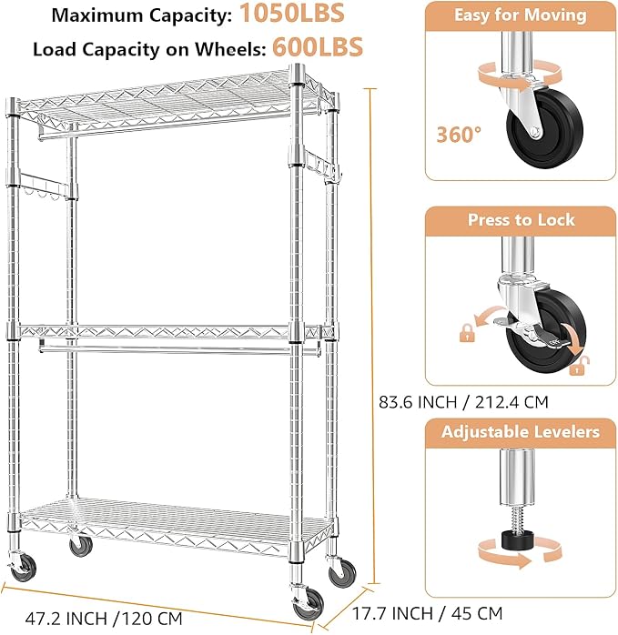 Heavy Duty Rolling Garment Rack 3 Tiers Adjustable Wire Shelving Clothes Rack - Image 8