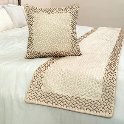 The HomeCentric King/Queen/Twin Ivory & Gold Decorative Twin 53"x18" Bed Runner with Pillow Cover, Mosaic & Beaded Bed Scarf on Jacquard Fabric - Tessellation