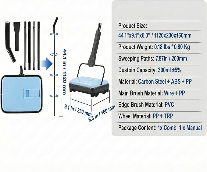 Manual Carpet Sweeper, Electric-Free Quiet Floor Sweeper - Image 2
