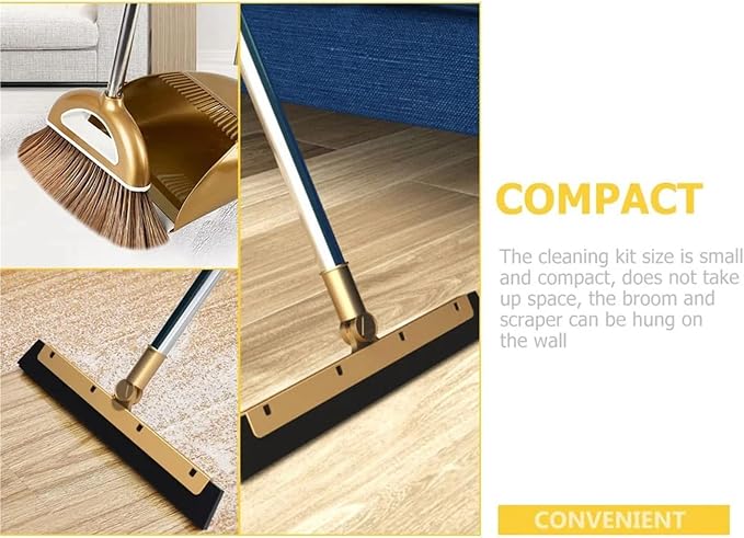 Gold Broom Dustpan Set Folding Dustpan Long Handle Rubber Wiper Space-Saving - Image 4